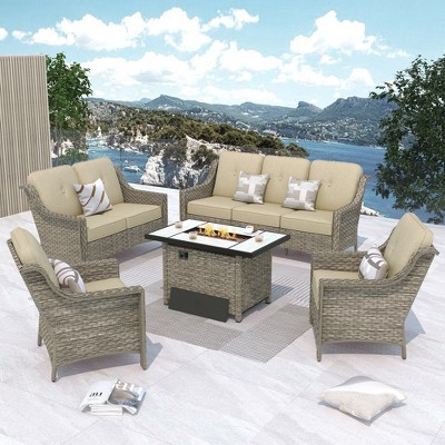 XIZZI 5 Pieces Furniture Set with Fire Pit Table, All Weather PE Conversation Set with 3 Seater Sofa, Loveseat and High Back Rattan Chairs