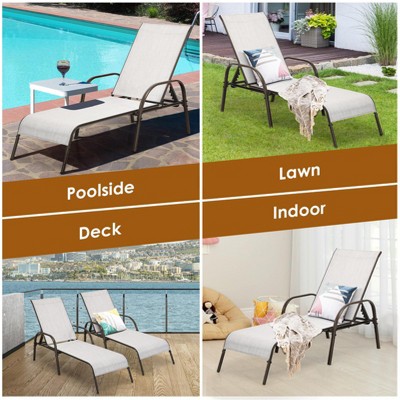 Gray Adjustable Outdoor Chaise Lounge Chair with Armrests