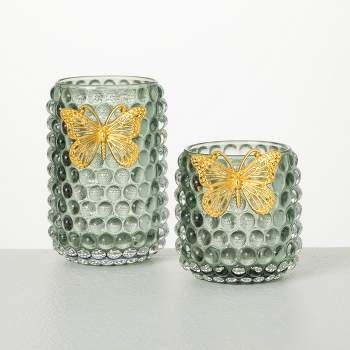 3.5" Glass Butterfly Votive Holders - Set of 2, Multicolor