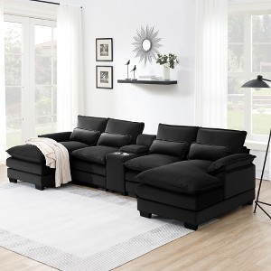 123"W Modern U-Shaped Sofa with Console, Cup holders and USB Ports, 6-seat Upholstered Couch Set with Chaise - ModernLuxe - 1 of 4