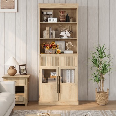 70" Tall Kitchen Pantry Cabinet & Bookcase ¨C Open Shelves, Fluted Drawer & Glass Doors for Kitchen or Living Room