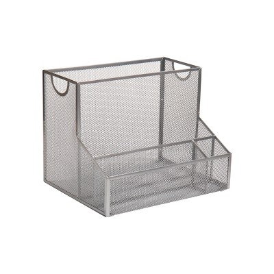 Silver Metal Mesh Desktop Organizer with Vertical File Storage