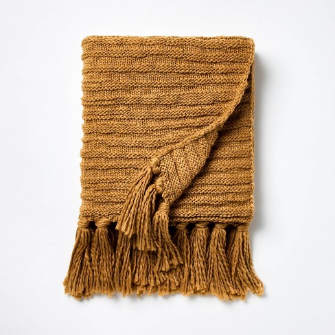 Raised Striped Chunky Knit Throw Blanket Dark Tan Threshold