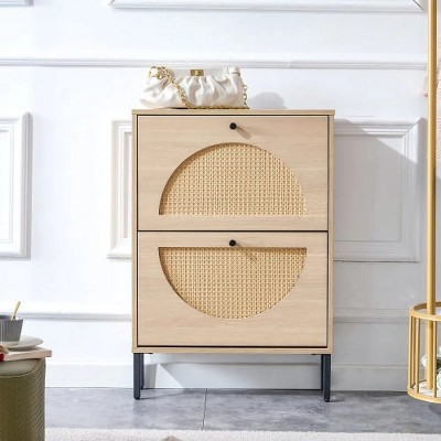 TIRAMISUBEST Rattan & Oak Flip-Up Shoe Cabinet - Narrow 2-Door Hidden Storage Organizer with Shelf for Entryways