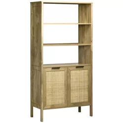 HOMCOM Bookshelf, Storage Cabinet with 3 Open Shelves and Natural Rattan Decor, Bookcase for Living Room, Study, Bedroom