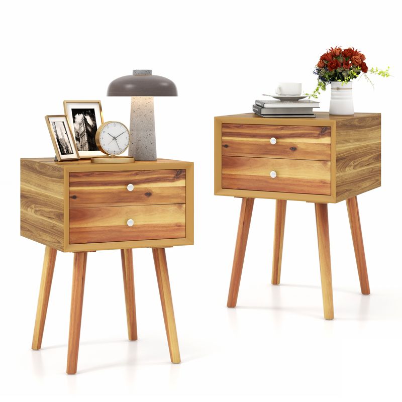 Costway 2PCS Wooden Nightstand Mid-Century End Side Table W/2 Storage Drawers, 1 of 14