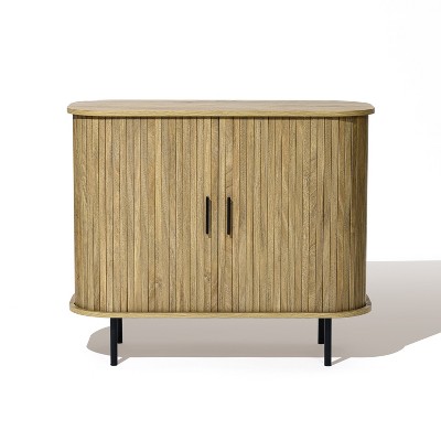 LuxenHome Mid-Century Modern 2-Door Accent Cabinet with Slatted Sliding Doors, Oak Brown