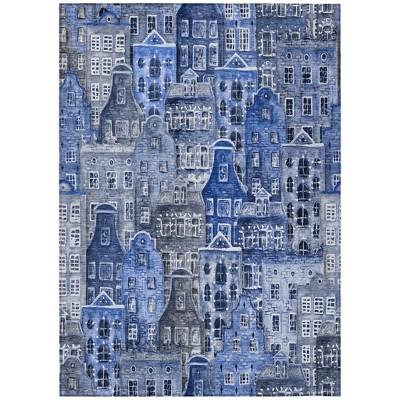 Navy Blue And Sky Blue Village Houses Washable Indoor Outdoor Area Rug