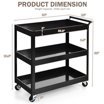 Black Steel 3-Tier Rolling Utility Cart with Wheels