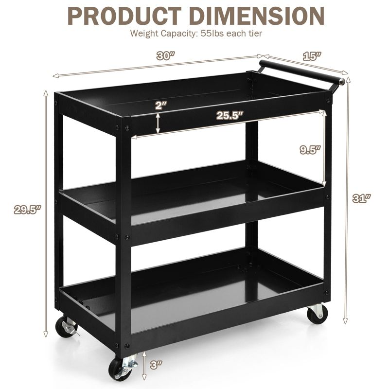 Tangkula 3-Tier Rolling Cart Storage Organizer Metal Utility Cart w/Wheels for Kitchen Library Office Black, 3 of 7
