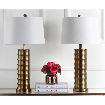 Linus Brass Column Table Lamp Set with White Cotton Shade