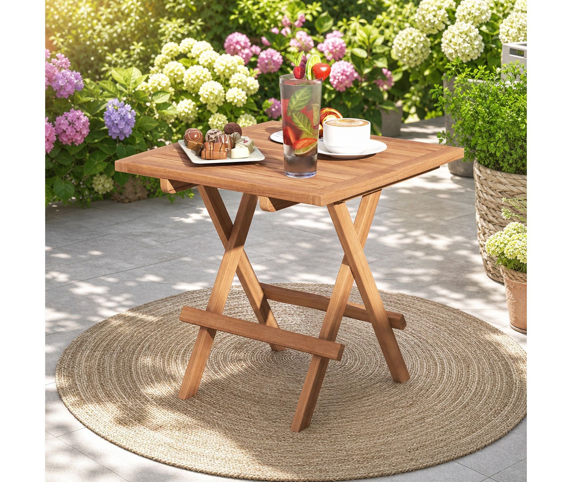 Folding Square Outdoor Coffee Table with Slatted Teak Wood Top, Portable for Patio Picnic Camping