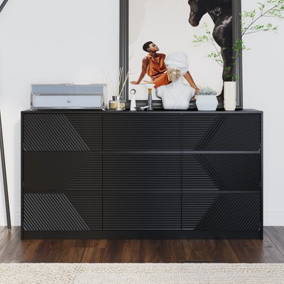 FUFU&GAGA Black Textured 9 - Drawer Dresser - Geometric Pattern Storage Chest for Bedroom/Living Room