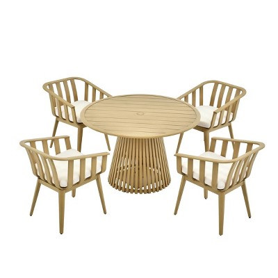 Round Planked Wood Outdoor Dining Set 4 Slatted Back Cushioned Chair Patio Table & Seat Group