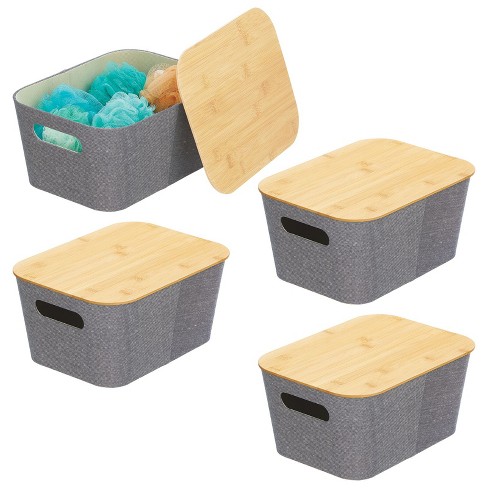 mDesign Modern Stackable Fabric Covered Bin with Bamboo Lid, 4 Pack, Navy Blue