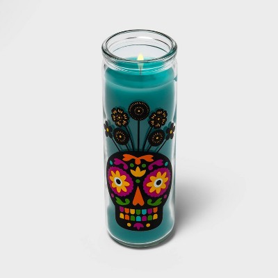 Día de Muertos Blue Sugar Skull Glass Candle - Designed with Luis Fitch