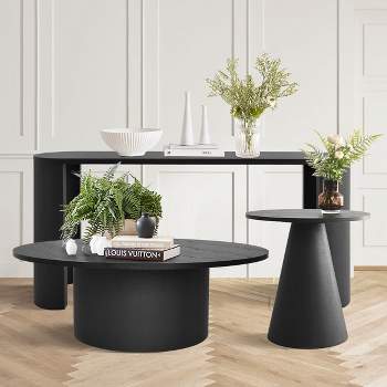 Dwen 3 Piece Coffee Table And End Tables with Grain Paper Round Top Pedestal Coffee, Console, and End Table Set-Maison Boucle