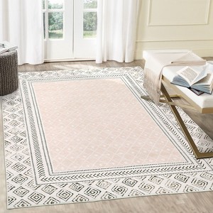 Border Geometric Area Rug Non Slip Rug Low Pile Accent Rug - 1 of 4