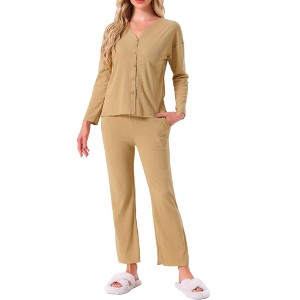 INSPIRE CHIC Women's Pajama Sets Button Up Long Sleeve V-Neck Elastic Waist Pants 2 Pieces with Pockets - 1 of 4