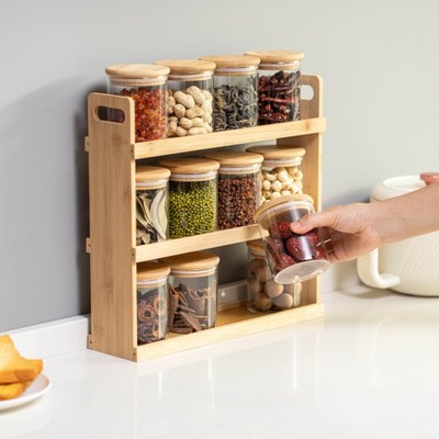 Basicwise 3-Tier Bamboo Spice Rack & Pantry Organizer with 12 Glass Jars.Perfect for Storage in Kitchens to Keep Seasoning Containers Neatly Displayed — фото 3