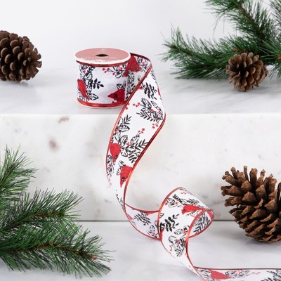 2.5 inch Wired White Christmas Ribbon with Large Silver Glittered Dots - 5  Yards