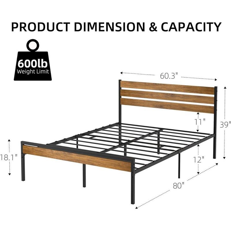 Whizmax Platform Bed Frame with Rustic Vintage Wood Headboard, Bed Frame with Storage, Mattress Foundation Metal Slats Support, Brown, 5 of 9