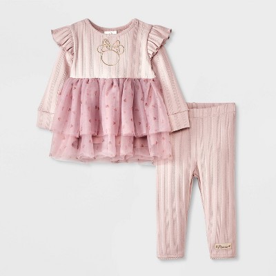 Image of Baby Girls' Disney Minnie Mouse 2pc Long Sleeve Dress and Leggings Bottom Set - Pink 6-9M