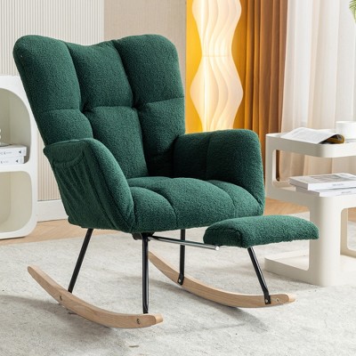 Aukfa Soft Teddy Fabric Rocking Chair w/Pocket - Ergonomic Nursery Glider, Solid Wood Base, 256LB Capacity for Living Room & Bedroom