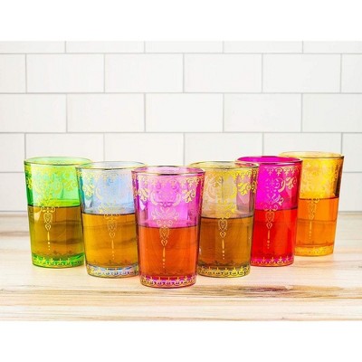 Handmade Moroccan Multicolor Glasses Set with Gold Accents - 6 Pack