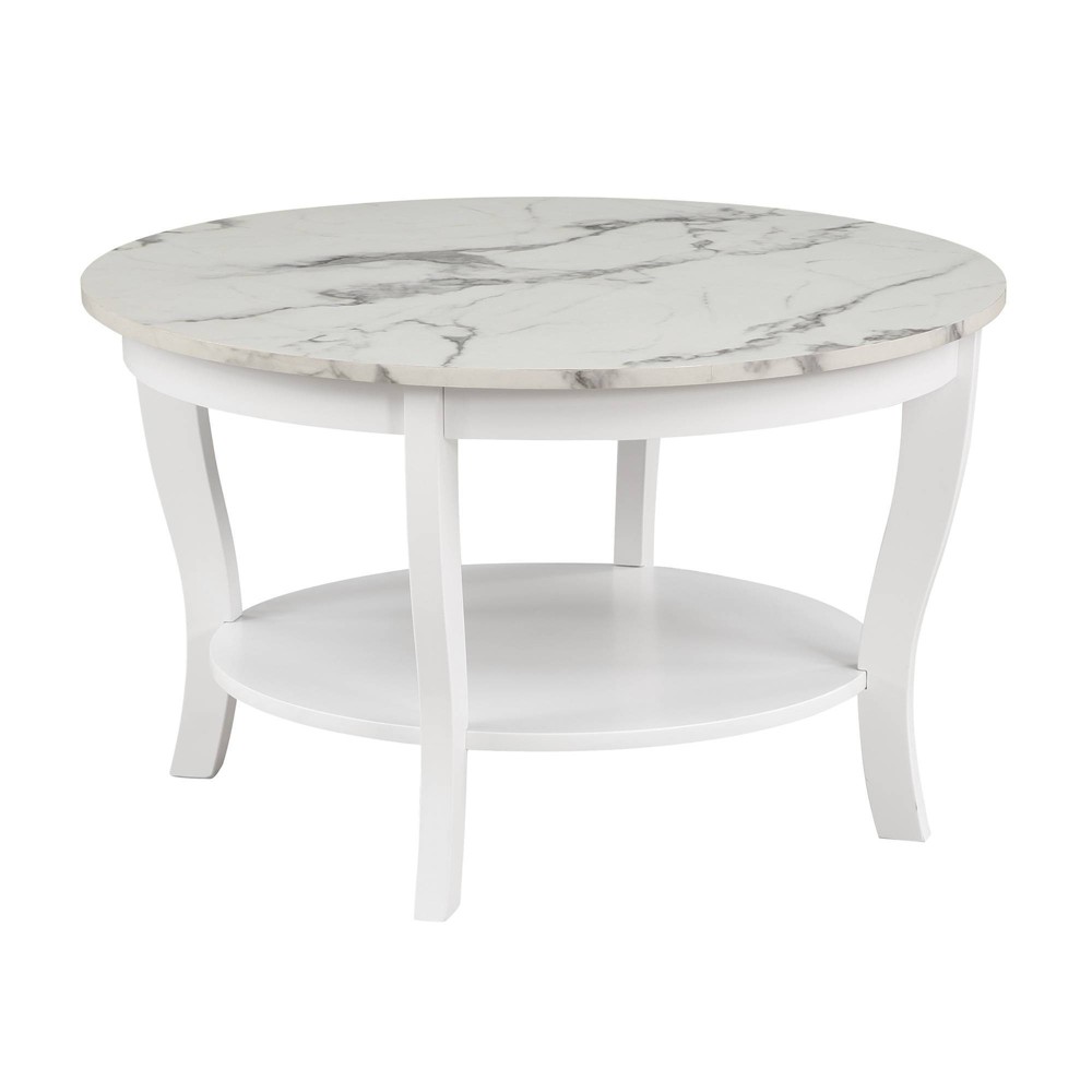 Breighton Home American Heritage Round Coffee Table with Shelf in White Faux Marble/White