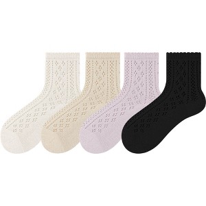 Anna-Kaci 4 Pairs Women's Lace Knit Crew Socks Lightweight Breathable Mesh Style with Elastic Cuff in Assorted Patterns - 1 of 4