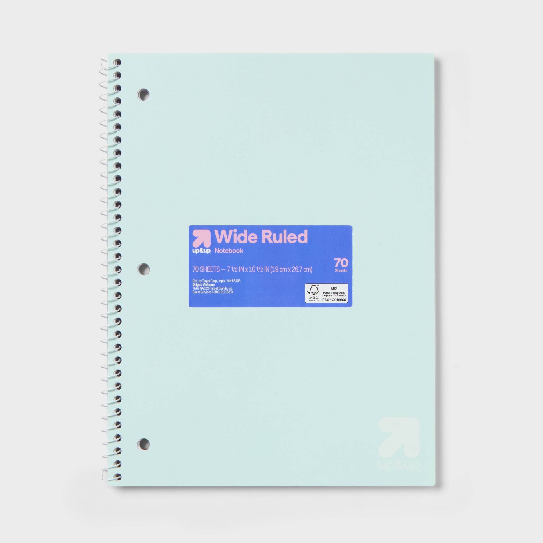 Spiral Notebook Wide 7.5"x10.5" Poly Cover 70 Sheets Pastel Green - up&up™