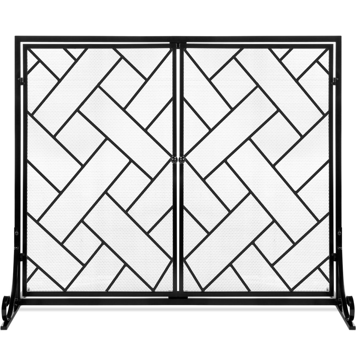 Best Choice Products 44x33in 2-Panel Handcrafted Wrought Iron Geometric Fireplace Screen w/ Magnetic Doors - Black