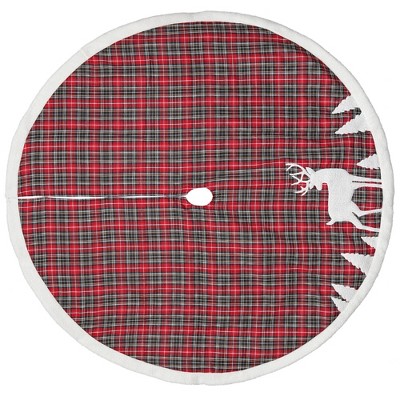 48" Red and Black Plaid Linen Christmas Tree Skirt with Reindeer Applique