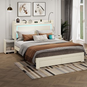 Fredees Queen LED Bed Frame with Charging Station, Upholstered Headboard, Rolling Storage Nightstands & Reading Light - 1 of 4