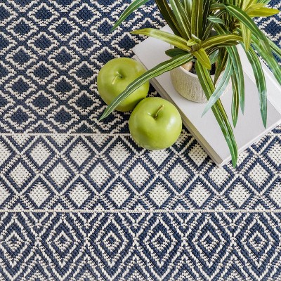 Blue Striped Synthetic Reversible Indoor/Outdoor Rug, 5x8