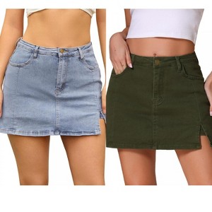 INSPIRE CHIC Women's Jean Side Slit High Waisted A-Line Stretch Mini Denim Skirts 2 Packs - 1 of 4