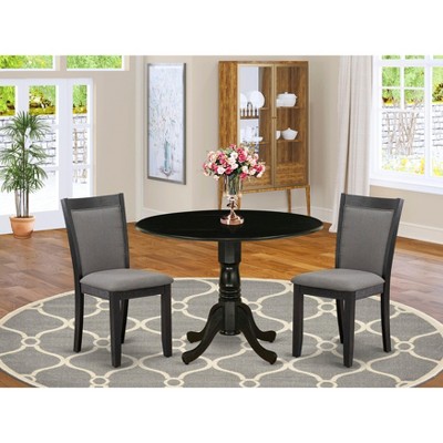 East West Furniture 3-Piece Dining Set Includes a Dining Table with Drop Leaves and 2 Dark Gotham Grey Linen Fabric Dining Chairs -Black