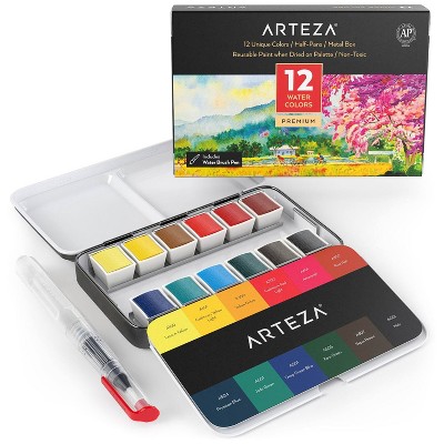 Arteza Premium Watercolor Artist Paint Set, Half Pans, Assorted Classic Colors, Non-Toxic -12 Pack (ARTZ-8303)