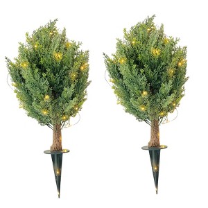 Artificial Cypress Shrub Ball Trees 2 Pack 30" Fake Topiary Plants with Ground Spikes UV Resistant Outdoor Decor - 1 of 4