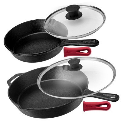 Cuisinel Cast Iron Skillet Set - 8" + 12"-Inch Frying Pan + Glass Lids