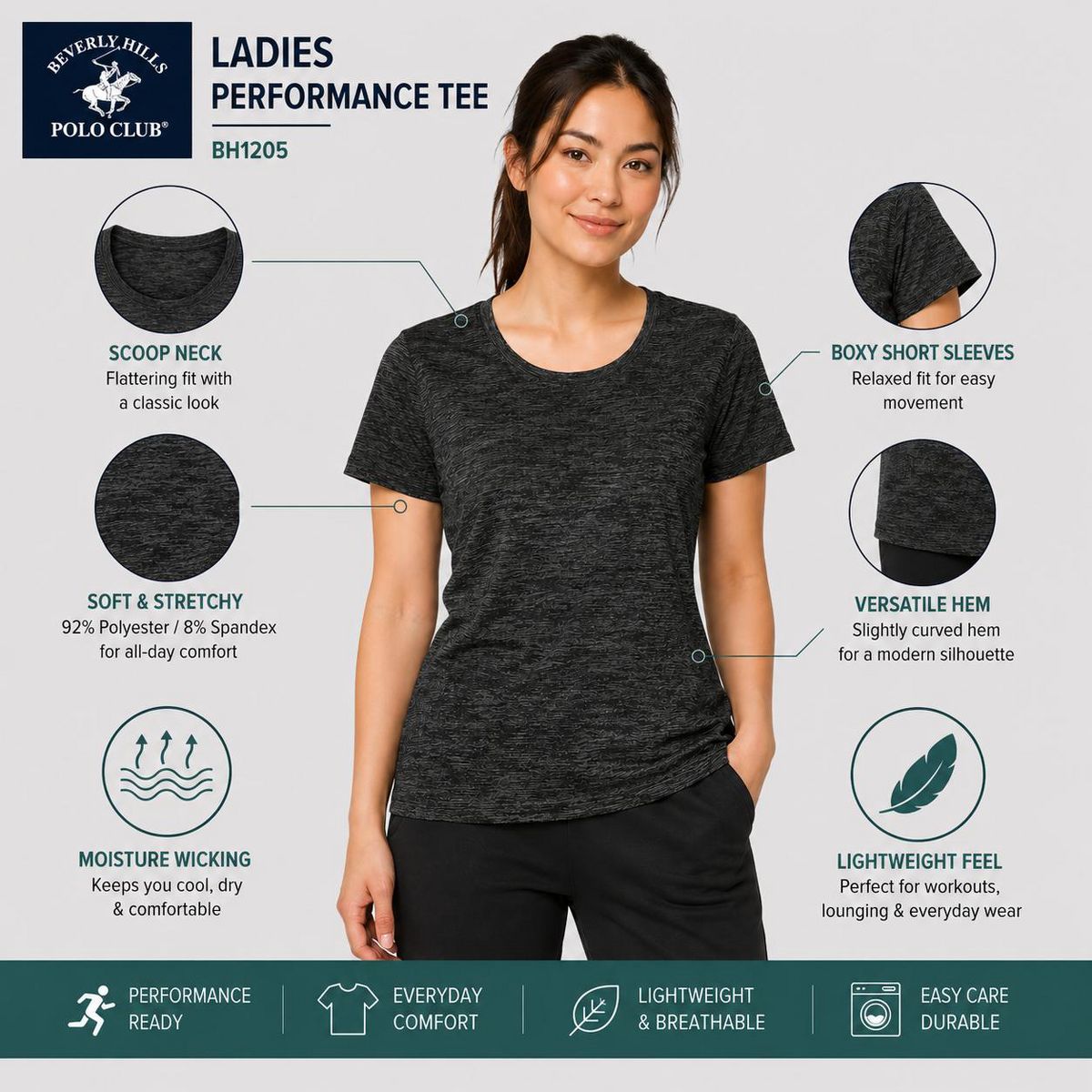 Beverly Hills Polo Club Women's 5-Pack Performance T-Shirt (S-XL) - thumbnail 3