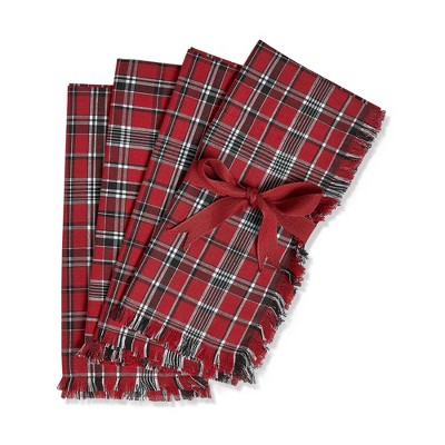 tagltd Winter Sketches Red and Black Plaid Cotton Napkin with Fringe Set Of 4 Red