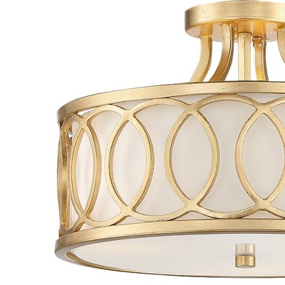 Libby Langdon Antique Gold Circular 3-Light Semi-Flush Mount with White Silk Shade