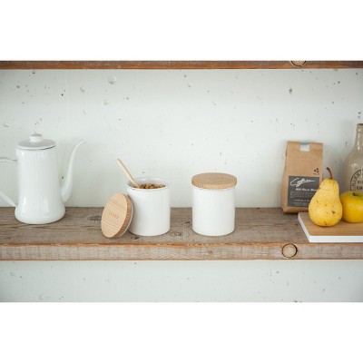 White Ceramic Salt Canister with Wooden Lid