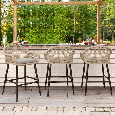 Arceso Outdoor Bar Stools Set of 3, 26.8" H Rattan Outdoor Counter Height Bar Stools, Woven Rope Backrest with Aluminum Legs