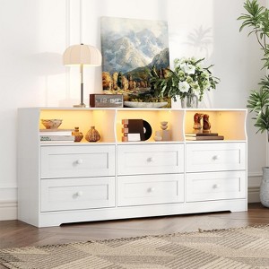 6 Drawer Dresser for Bedroom with Power Outlets & LED Light,Slim Wooden Chest of Drawers with Open Shelf - 1 of 4