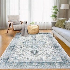 9x12 Vintage Area Rug, Machine Washable, Low Pile, Non-Slip, Stain-Resistant, Kids Room/Playroom/Living Room Accent Carpet, Green - 1 of 4