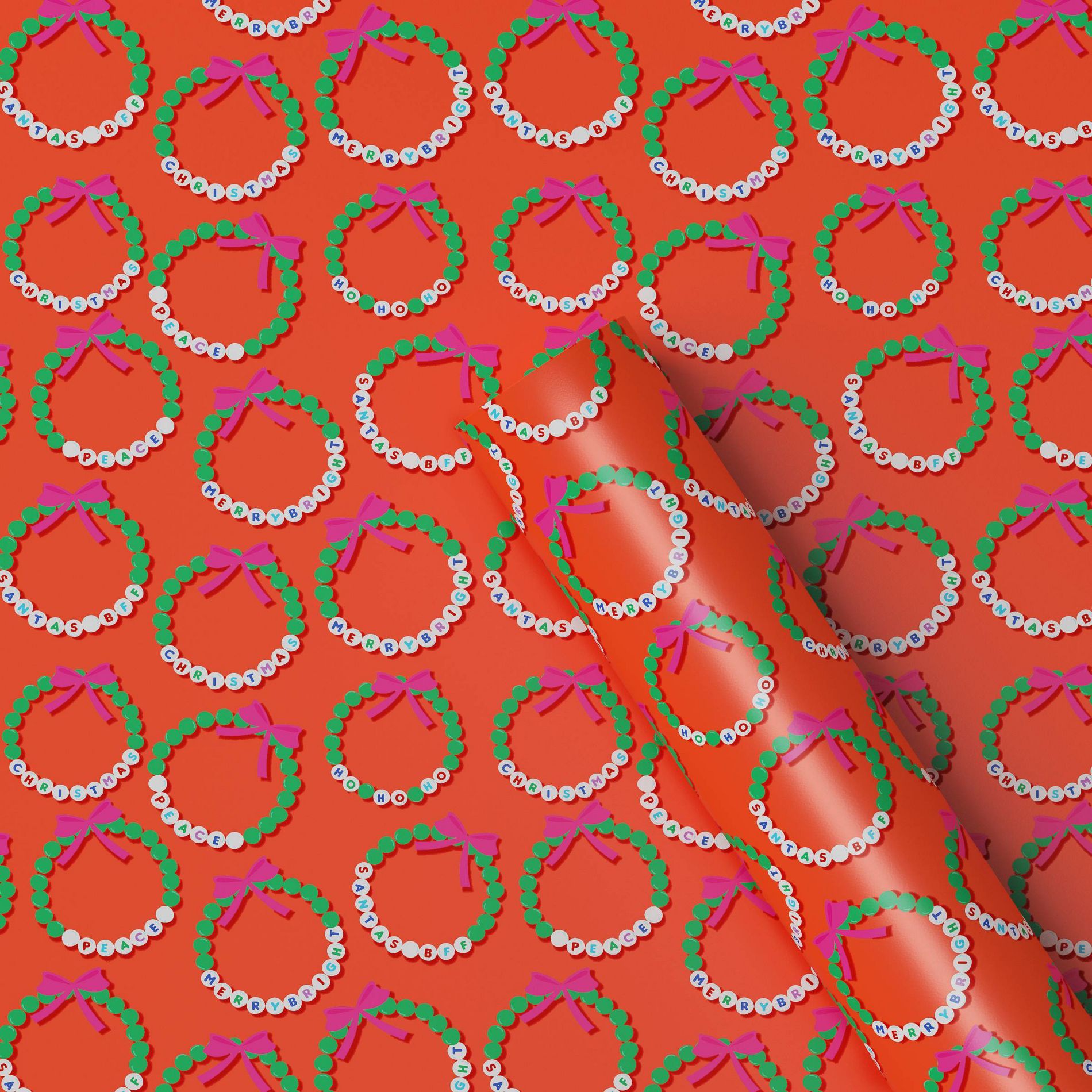 30" 25 sq ft Christmas Roll Wrap Friendship Bracelets on Red - Wondershop™