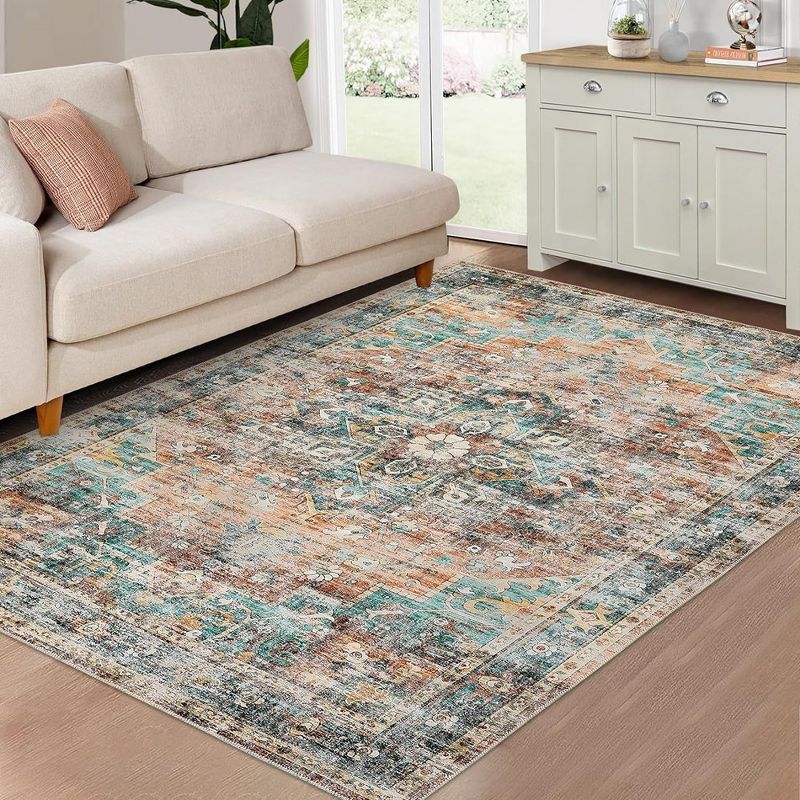 Boho Area Rug Washable Distressed Oriental Print Floor Carpet Vintage Persian Rug, 3 of 9